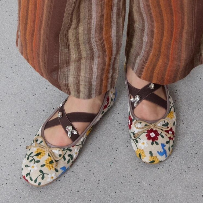 Women'S Fashion Brands - Embroidery Flower Ballet Flats Women Rhinestone
