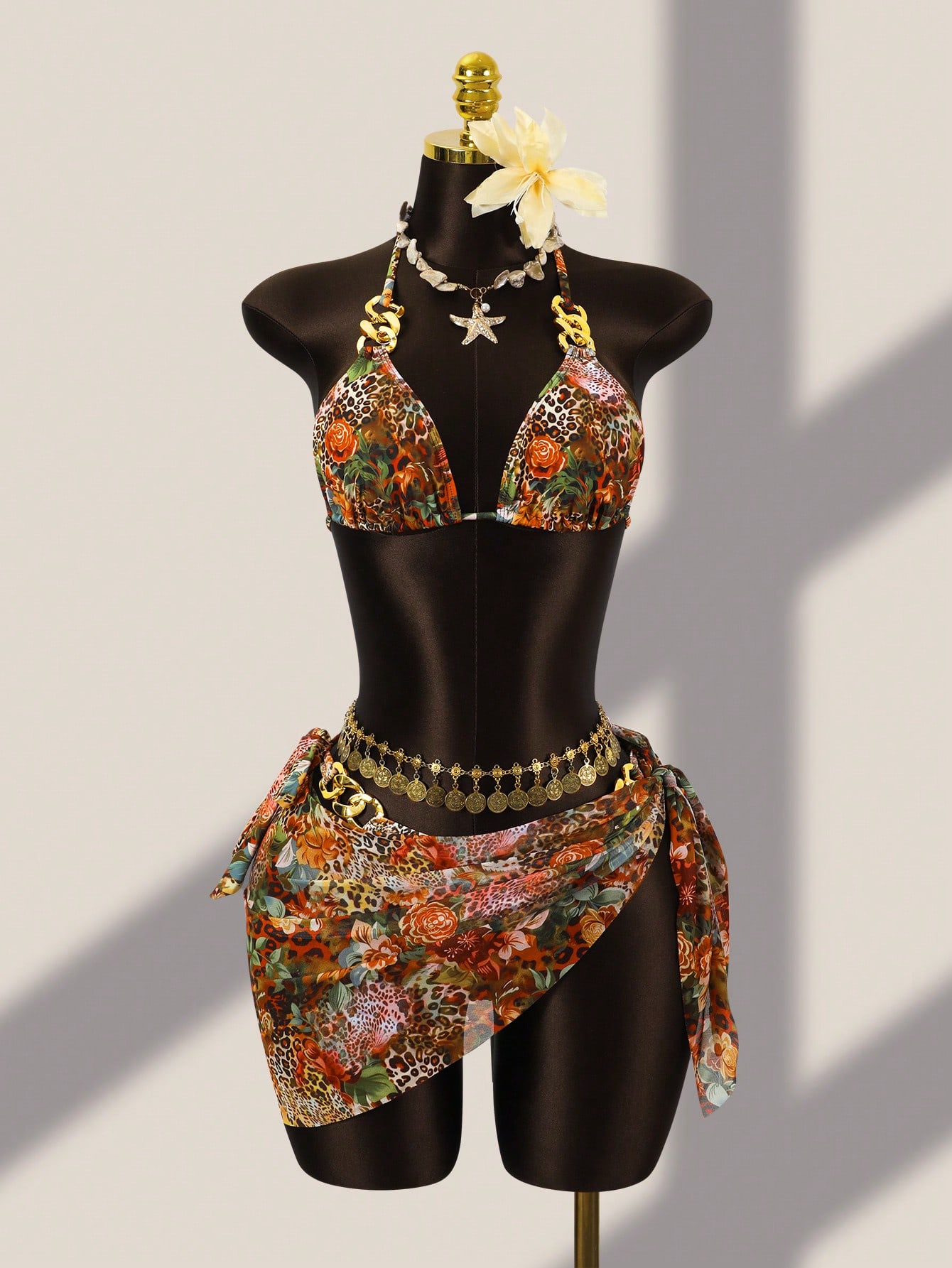 Printed Wrap Skirt - Leopard And Floral Print Halter Bikini