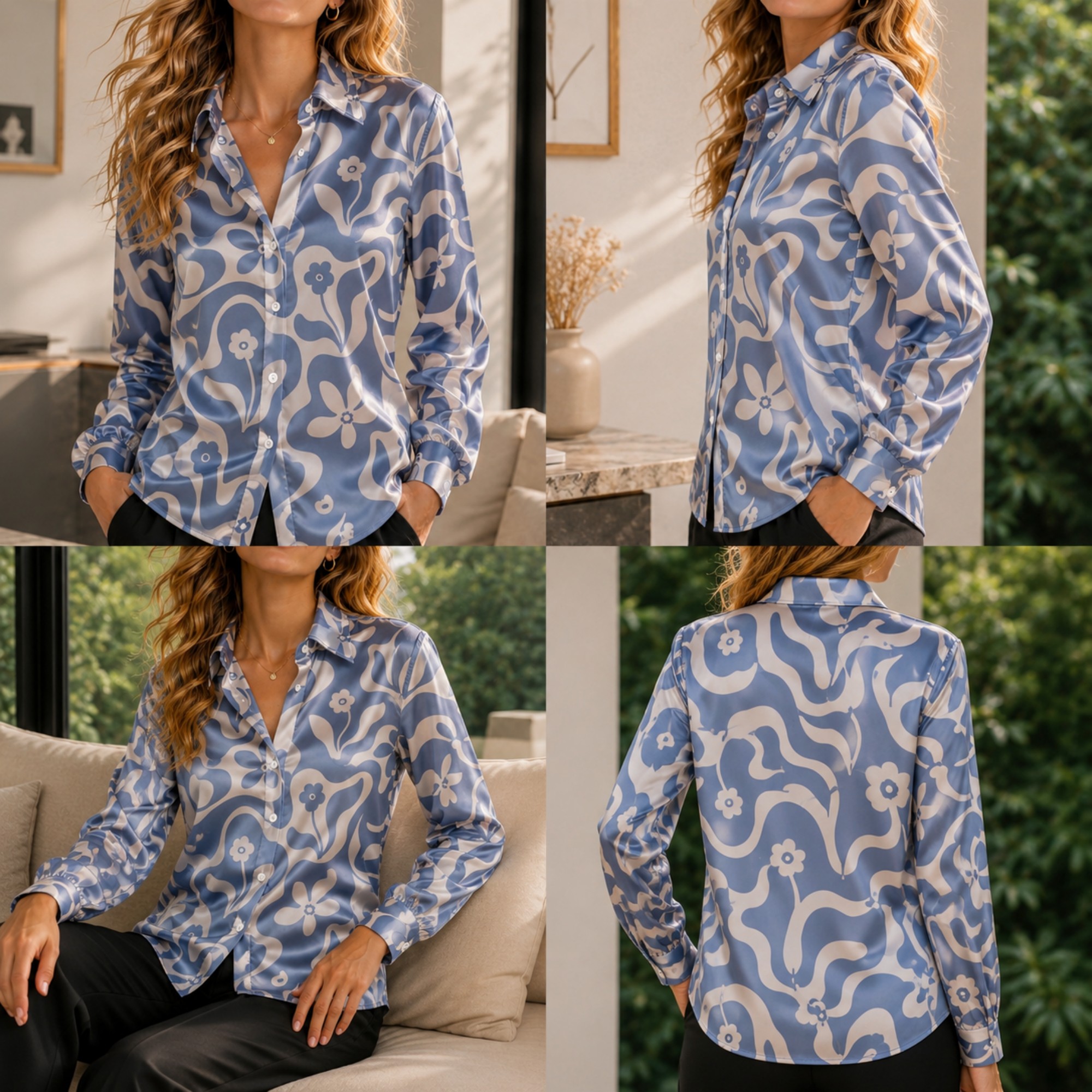 Women'S Fashion Q - Women Green Satin Blouse White Floral