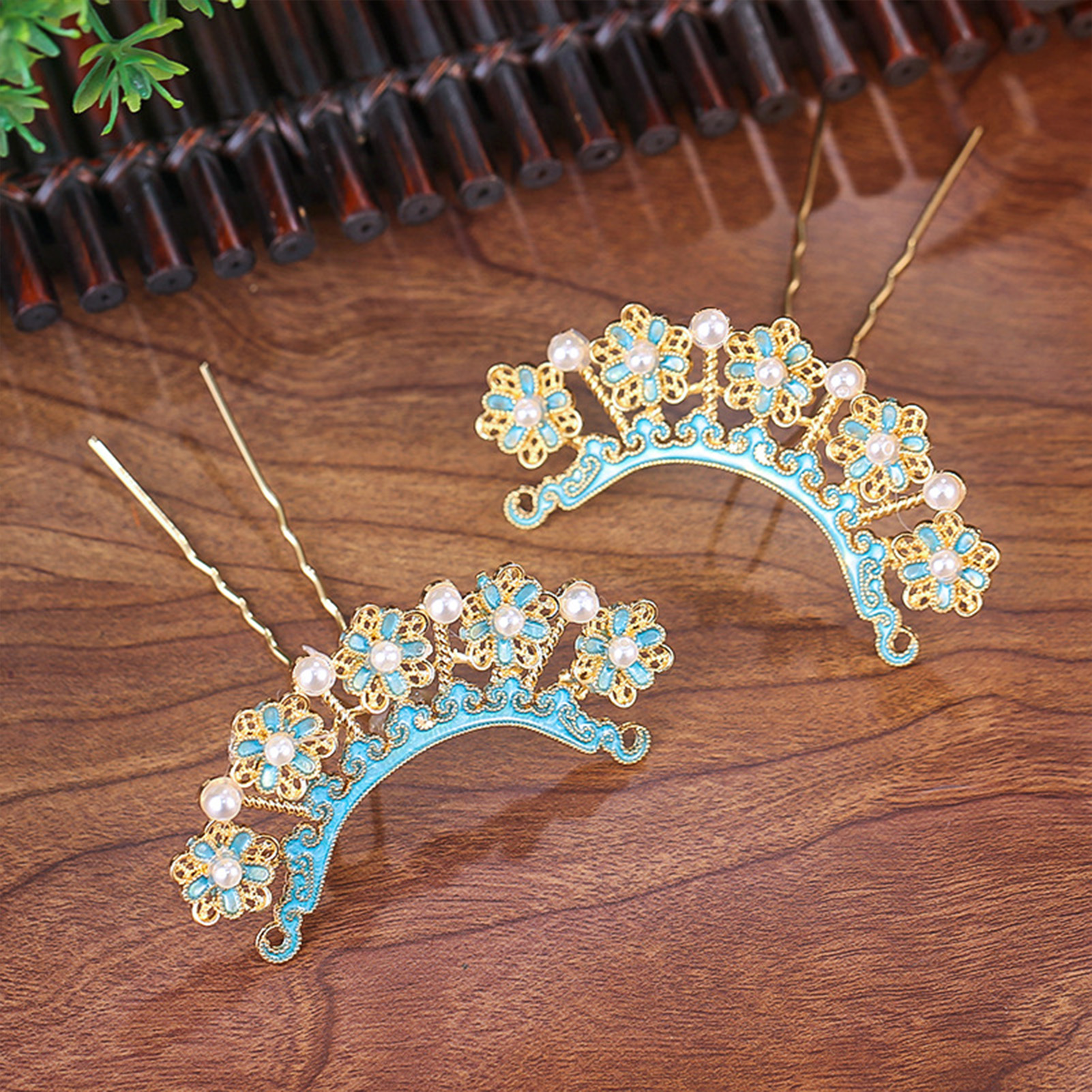 Women Fashion Hair Style - Traditional Enamel Hairpins with Imitation Pearls