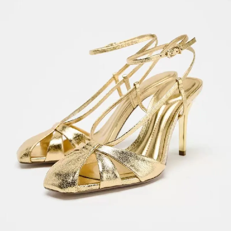 Women'S Fashion Brands - Fashion Gold Thin Heeled Sandals Women