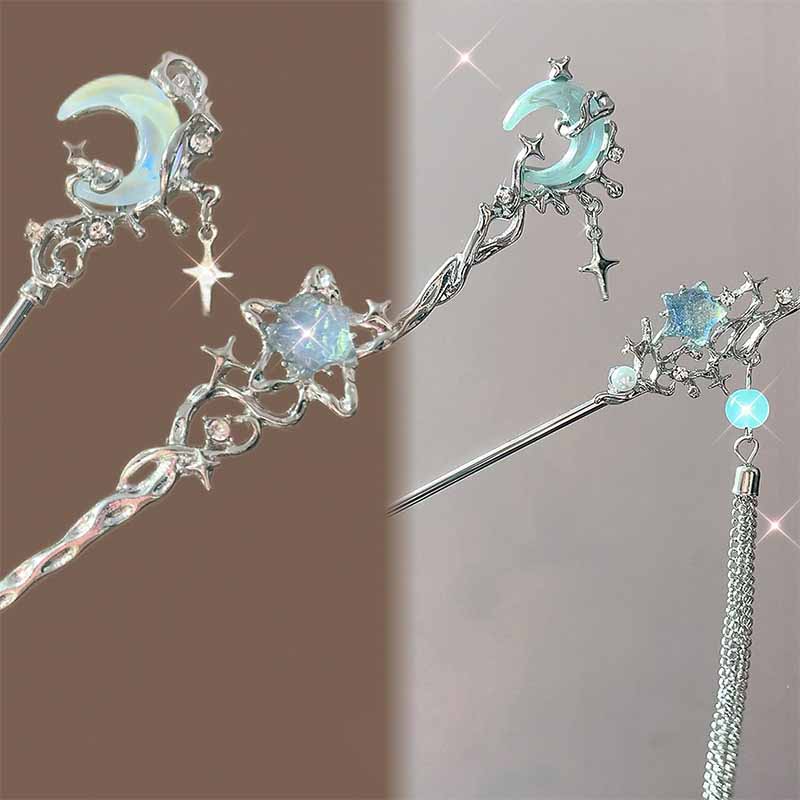 Women Fashion Hair Style - Moonstone Star Moon Hair Stick Metal