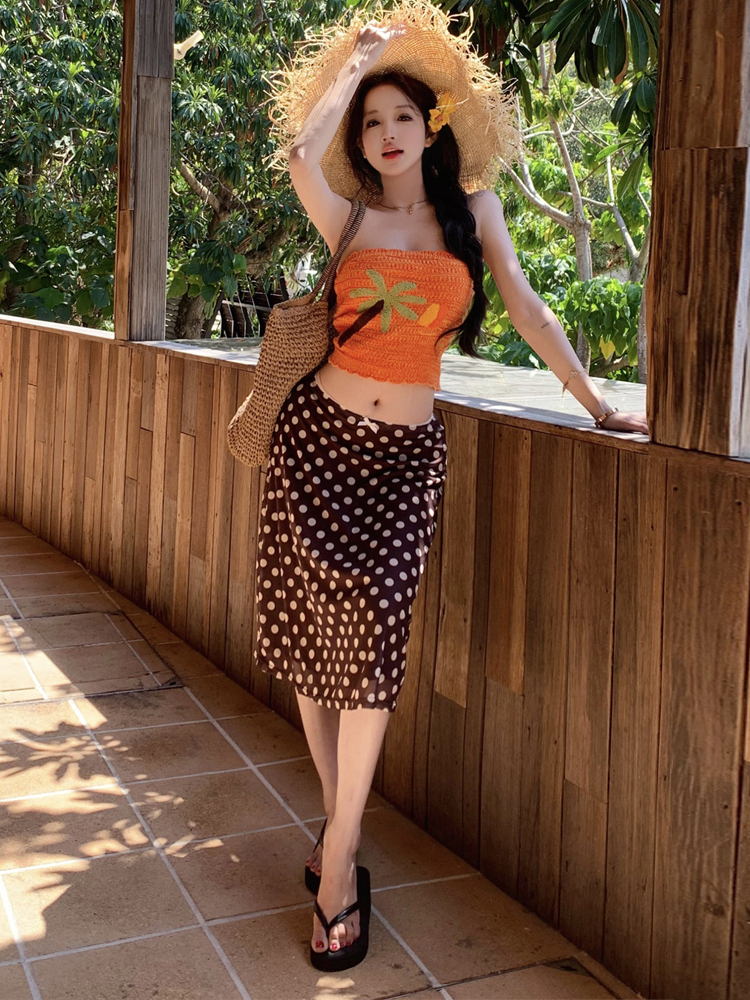 Beach Vacation Style One-Shoul - Printed Wrap Skirt ulasan dan harga