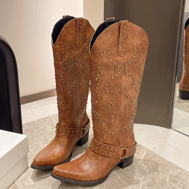 Autumn Winter Belt Buckle Rive - Women'S Fashion Knee High Boots ulasan dan harga