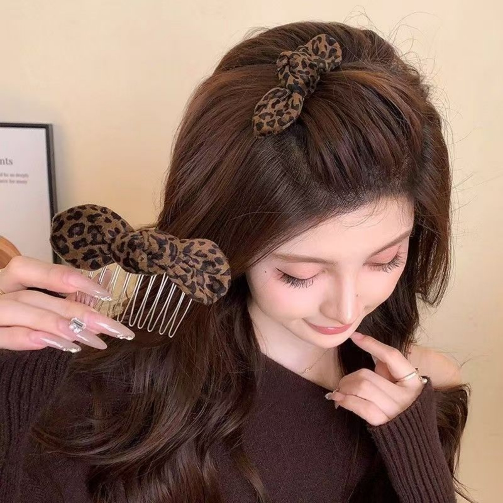 1PCLeopard Print Bow Hair Comb - Women Fashion Hair Style ulasan dan harga