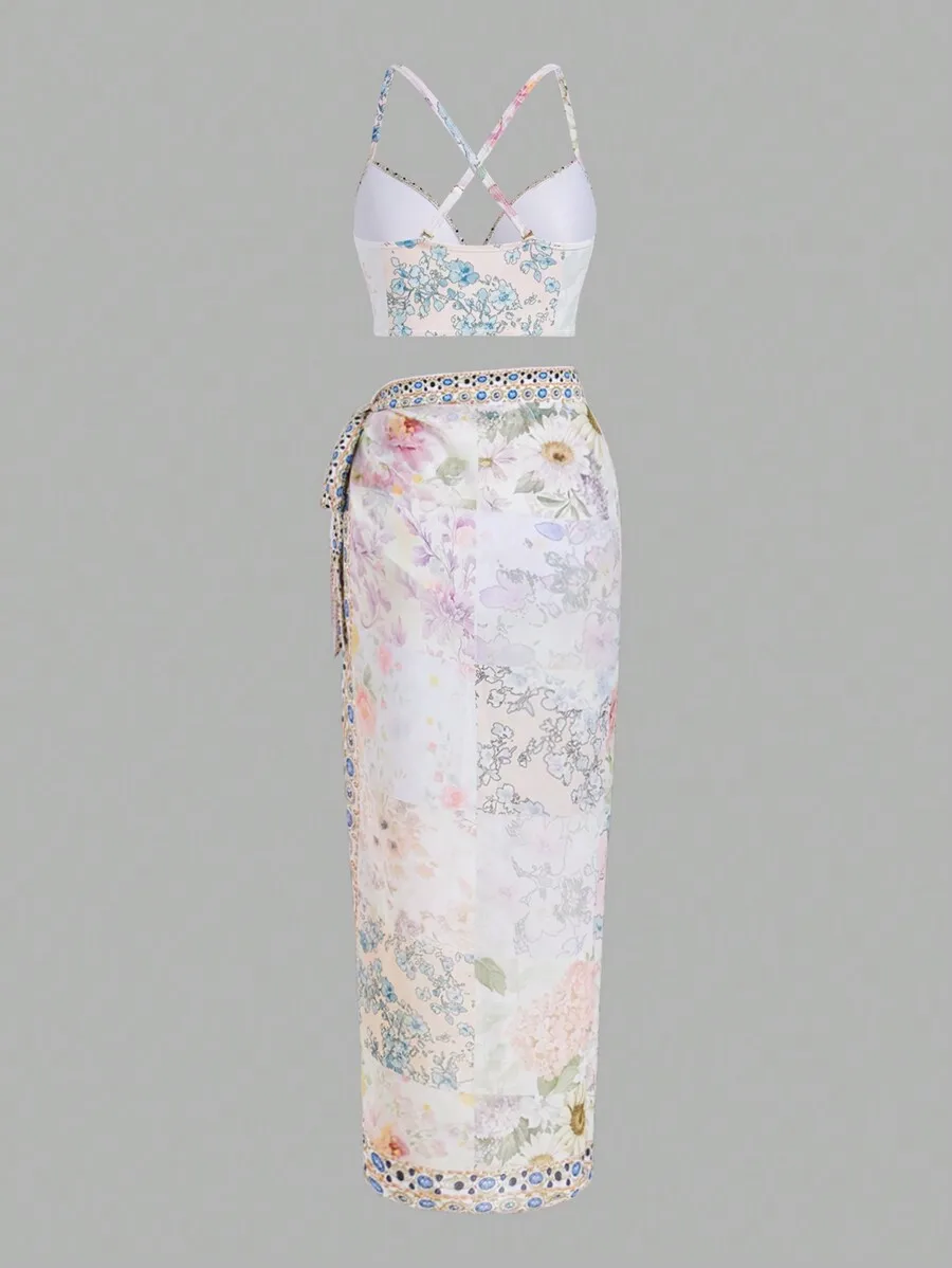 Women Floral Print Bikini Set  - Printed Wrap Skirt ulasan dan harga