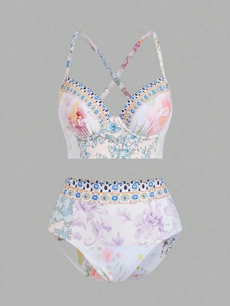 Women Floral Print Bikini Set  - Printed Wrap Skirt ulasan dan harga