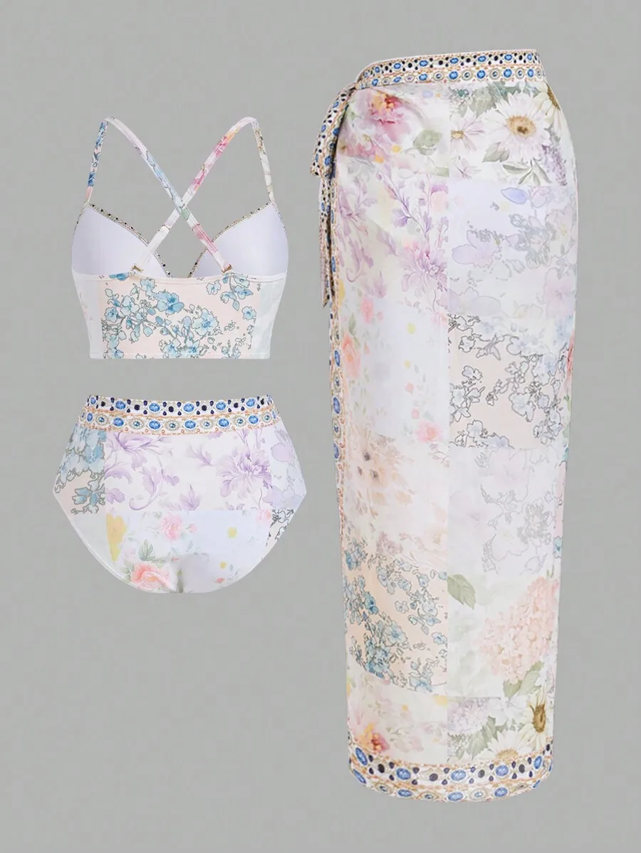 Women Floral Print Bikini Set  - Printed Wrap Skirt ulasan dan harga