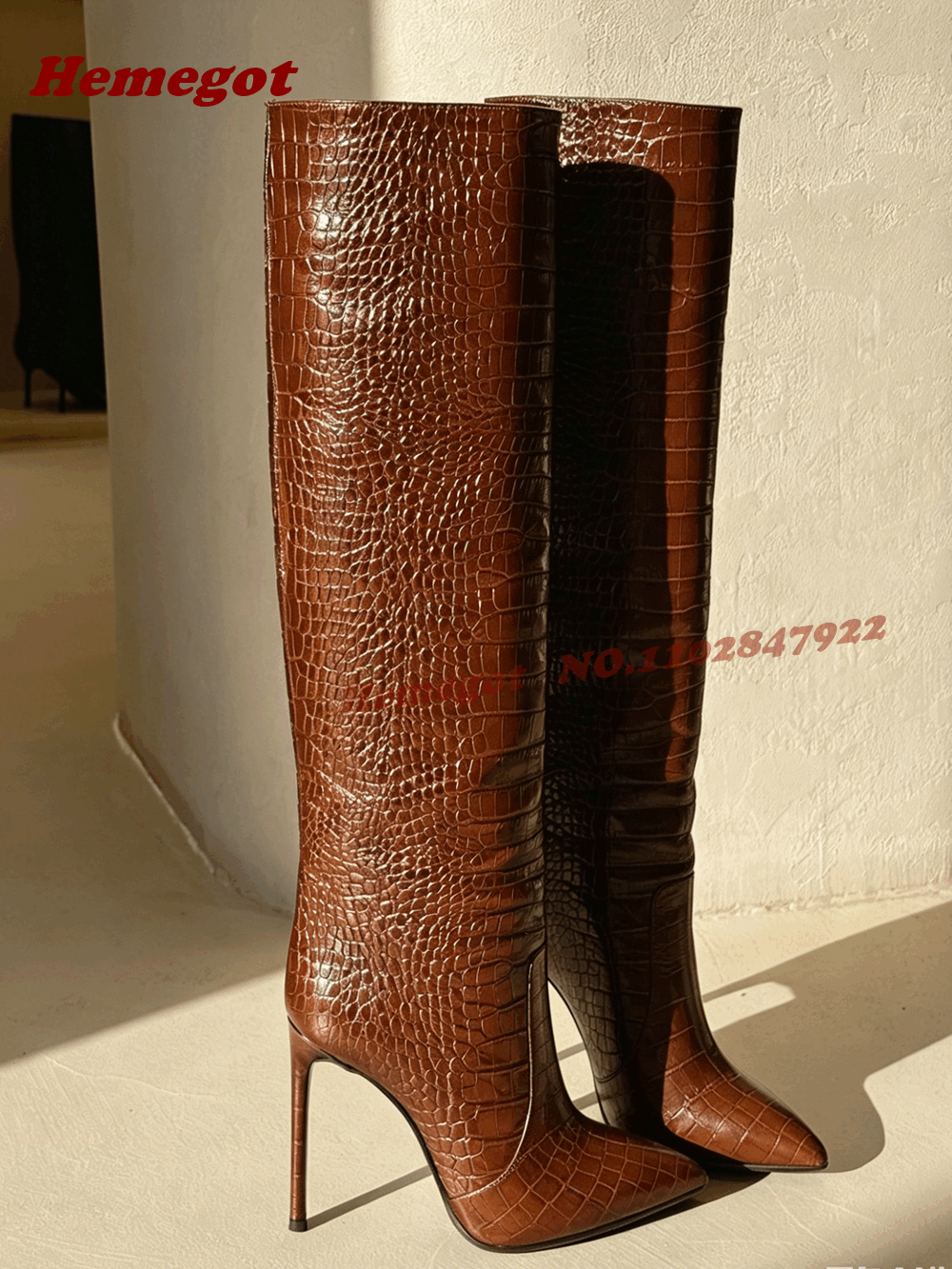 Brown Croc-Embossed Leather Kn - Women'S Fashion Knee High Boots ulasan dan harga