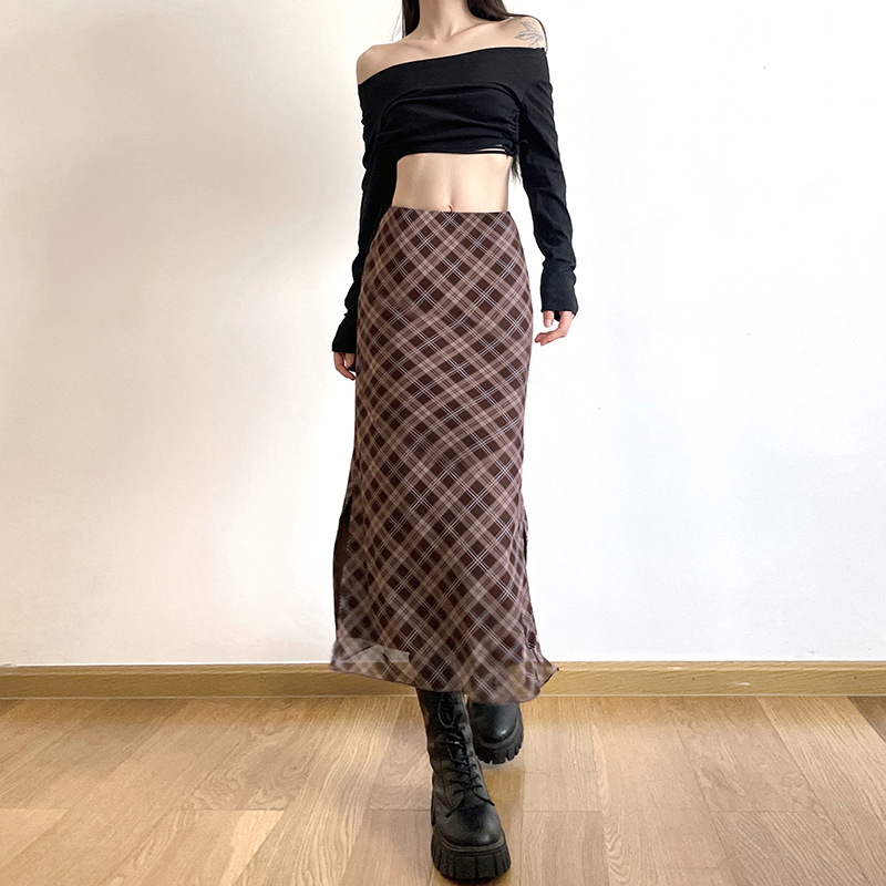 Women Spring Autumn Plaid Prin - Printed Wrap Skirt ulasan dan harga
