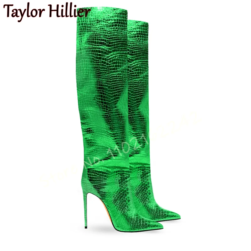 Green Snake Print Straight Boo - Women'S Fashion Knee High Boots ulasan dan harga